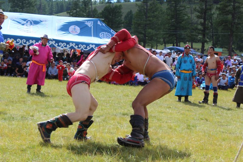 Les lutteurs en pleine action au Naadam Festival